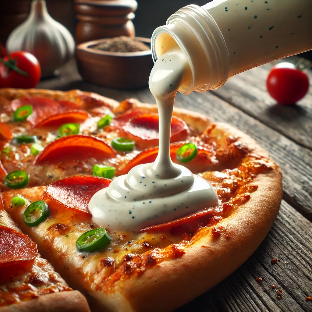 Photograph of ranch being poured on pizza.